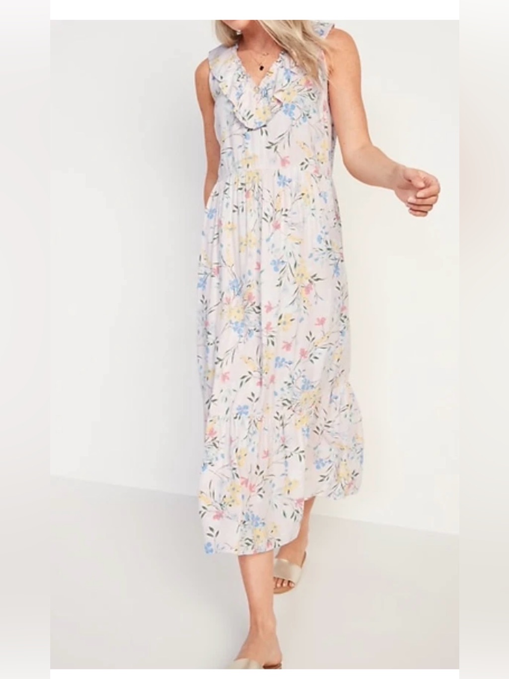 Old Navy Pink Pastel Floral Ruffled Midi Swing Dress Small